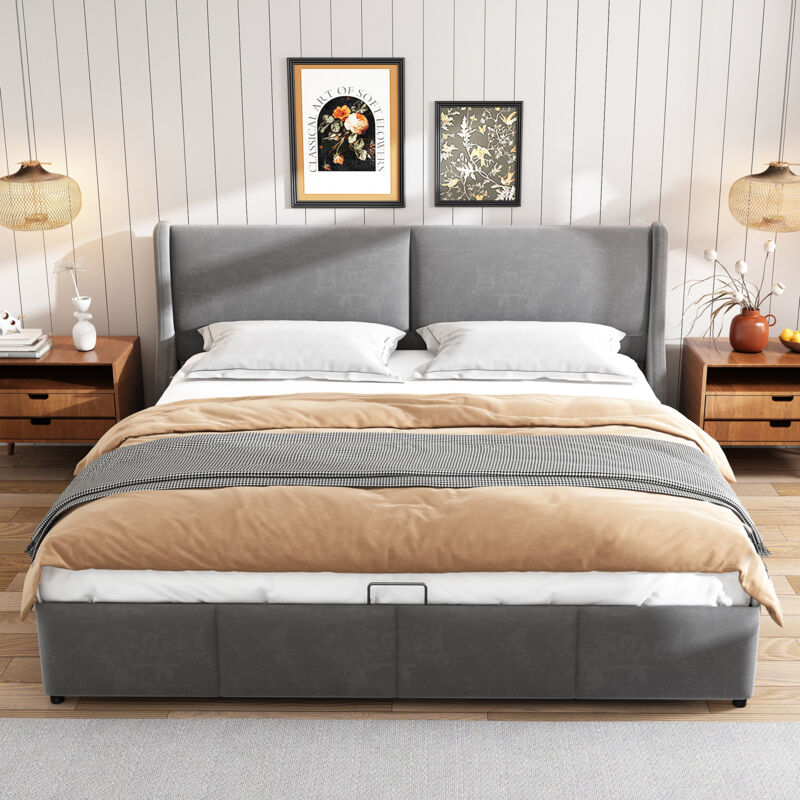 foto del prodotto letto contenitore 180x200 cm, letto matrimoniale imbottito con testiera a forma di orecchio, grigio, senza materasso