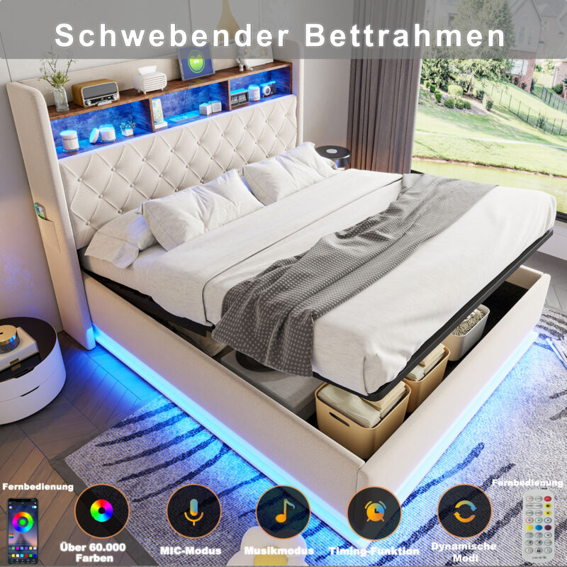foto del prodotto letto contenitore 180x200 cm, letto matrimoniale imbottito per adulti, led porta di ricarica usb, lino, senza materasso, beige