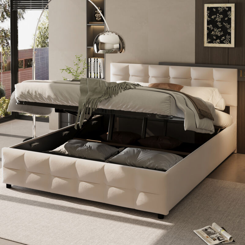 foto del prodotto letto contenitore 180x200 cm, letto per adulti, letto imbottito beige, struttura letto con rete a doghe, tessuto in velluto olandese