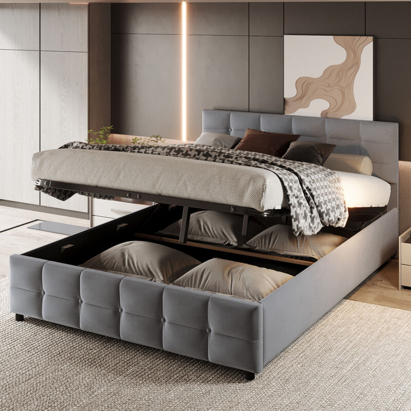 foto del prodotto letto contenitore 180x200 cm, letto per adulti, letto imbottito grigio, struttura letto con rete a doghe, tessuto in velluto olandese