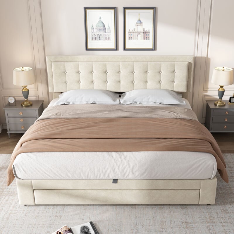 foto del prodotto letto contenitore 180x200 cm, letto per adulti, letto matrimoniale imbottito con 2 cassetti e rete a doghe in legno, velluto, beige