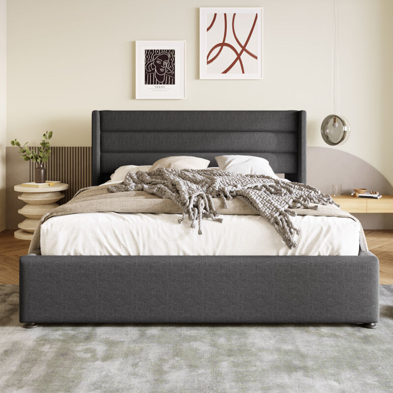 foto del prodotto letto contenitore 180x200 cm, letto per adulti, letto matrimoniale imbottito con rete a doghe, lino, grigio, senza materasso, senza base
