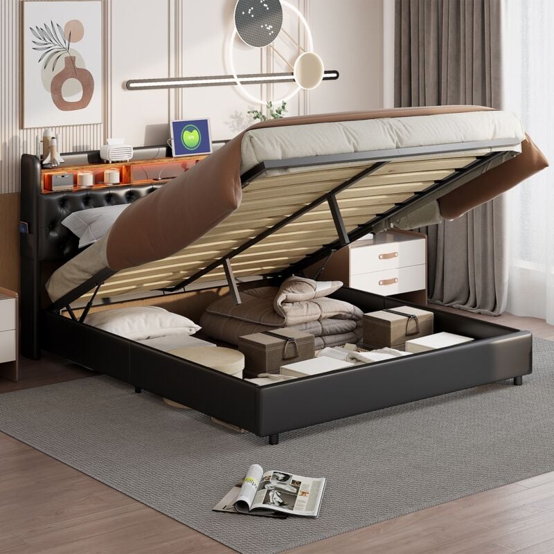 foto del prodotto letto contenitore 180x200 cm, similpelle, letto matrimoniale con illuminazione led, testiera decorata con bottoni, rete a doghe, giroletto,