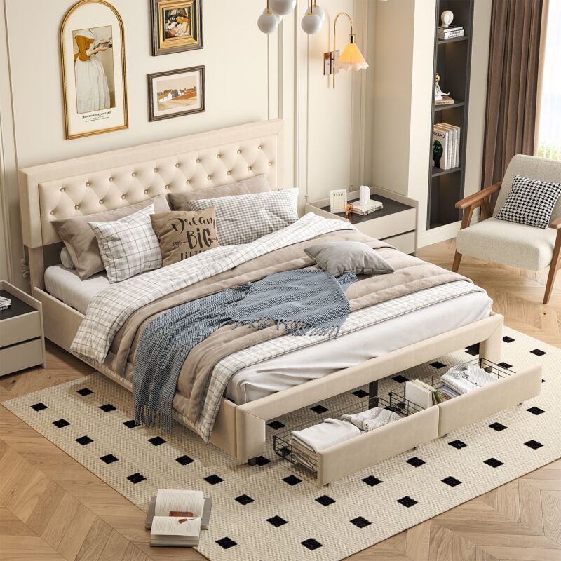 foto del prodotto letto contenitore 180x200 cm testiera imbottita con bottoni, contenitore a sollevamento idraulico, letto matrimoniale con 2 cassetti, sommier, rete