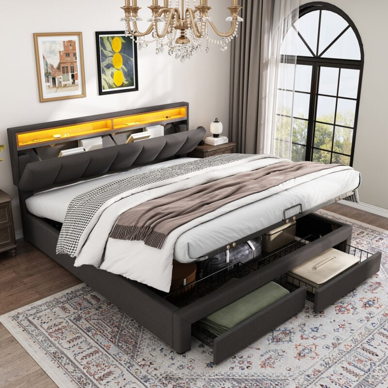 foto del prodotto letto contenitore 180x200, letto matrimoniale 180x200, letto per adulti, con cassetti contenitore, letto matrimoniale, con rete a doghe, luci led,