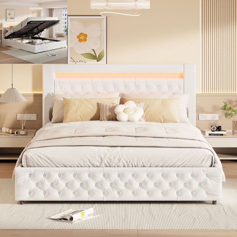 foto del prodotto letto contenitore 180x200cm letto contenitore con rete a doghe testiera led stile classico pu bianco