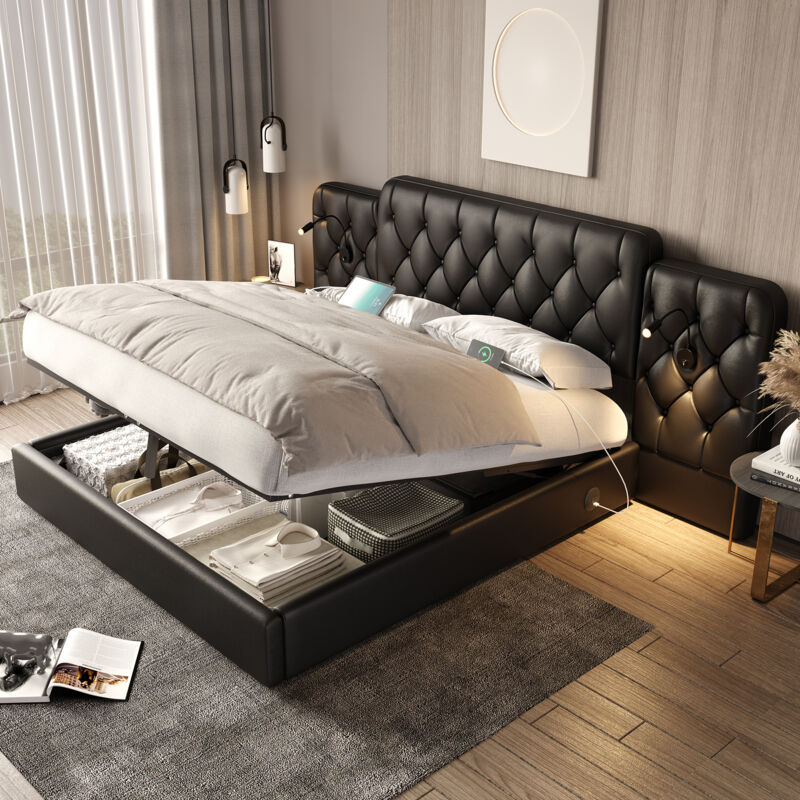 foto del prodotto letto contenitore 180x200cm, letto matrimoniale imbottito, due lati usb luce di lettura, testiera allargata, idraulico, senza materasso, pu, nero