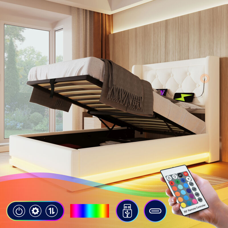 foto del prodotto letto contenitore 90 x 200 cm, letto contenitore idraulico, usb tipo c, led, pu, bianco senza materasso 