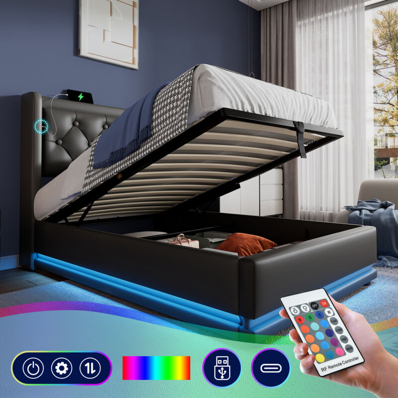 foto del prodotto letto contenitore 90 x 200 cm, letto contenitore idraulico, usb tipo c, led, pu, nero senza materasso 