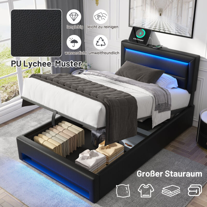 foto del prodotto letto contenitore 90 x 200 cm, letto per adulti, usb supporta ricarica wireless e cablata , led, letto singolo, pu, senza materasso, nero
