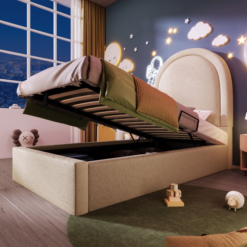 foto del prodotto letto contenitore 90x190 cm, letto per bambini 90x190 cm, letto imbottito, letto singolo, testiera con motivo cosmico, similpelle, beige, senza