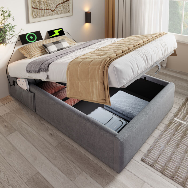 foto del prodotto letto contenitore 90x190 cm, letto singolo 90x190 cm, letto imbottito con usb c e rete a doghe, senza testiera, senza materasso, cotone, grigio