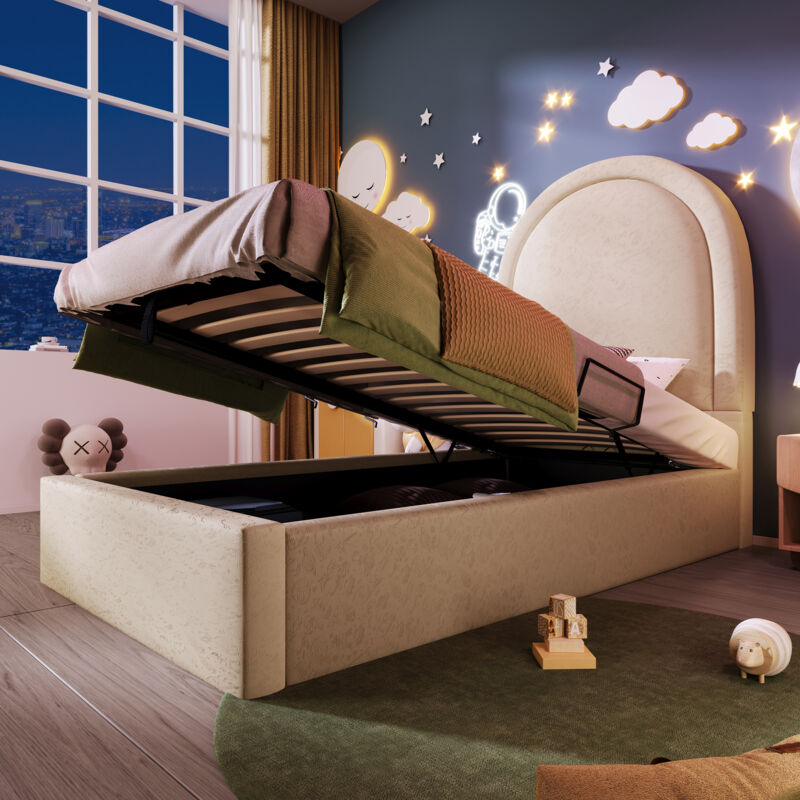 foto del prodotto letto contenitore 90x200 cm, letto per bambini 90x200 cm, letto imbottito, letto singolo, testiera con motivo cosmico, similpelle, beige, senza