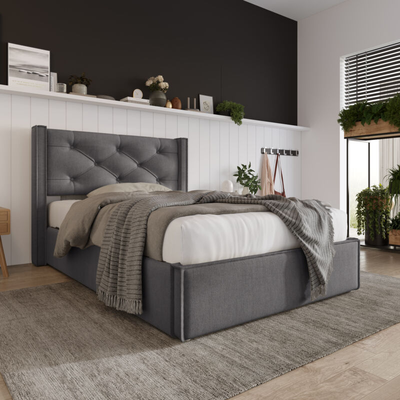 foto del prodotto letto contenitore 90x200 cm, letto per bambini, letto per adulti, letto imbottito con rete a doghe metalliche, cotone, grigio, senza materasso