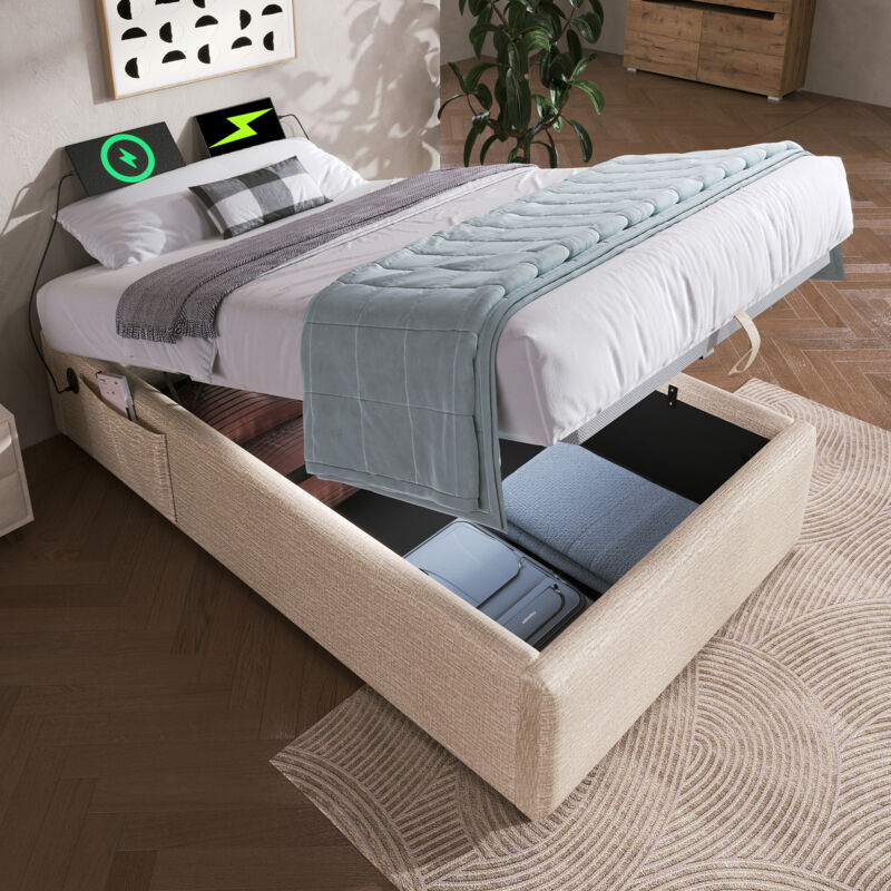 foto del prodotto letto contenitore 90x200 cm, letto singolo 90x200 cm, letto imbottito beige con usb c e rete a doghe, senza testiera, senza materasso, biancheria