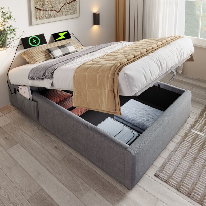 foto del prodotto letto contenitore 90x200 cm, letto singolo 90x200 cm, letto imbottito con usb c e rete a doghe, senza testiera, senza materasso, cotone, grigio