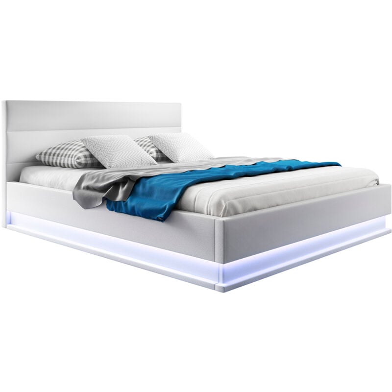 foto del prodotto letto contenitore con materasso letto con testiera e rete struttura letto con led bianco opaco llegno ed ecopelle modello nitas 180x200