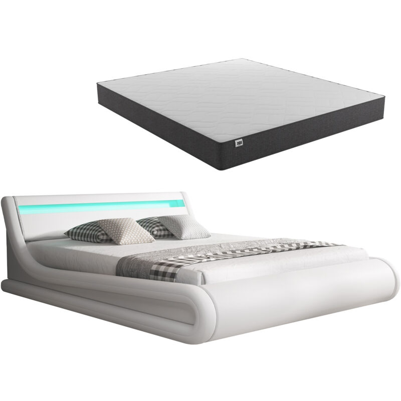 foto del prodotto letto contenitore con materasso letto con testiera e rete struttura letto con led bianco opaco llegno ed ecopelle modello parisina 140x190