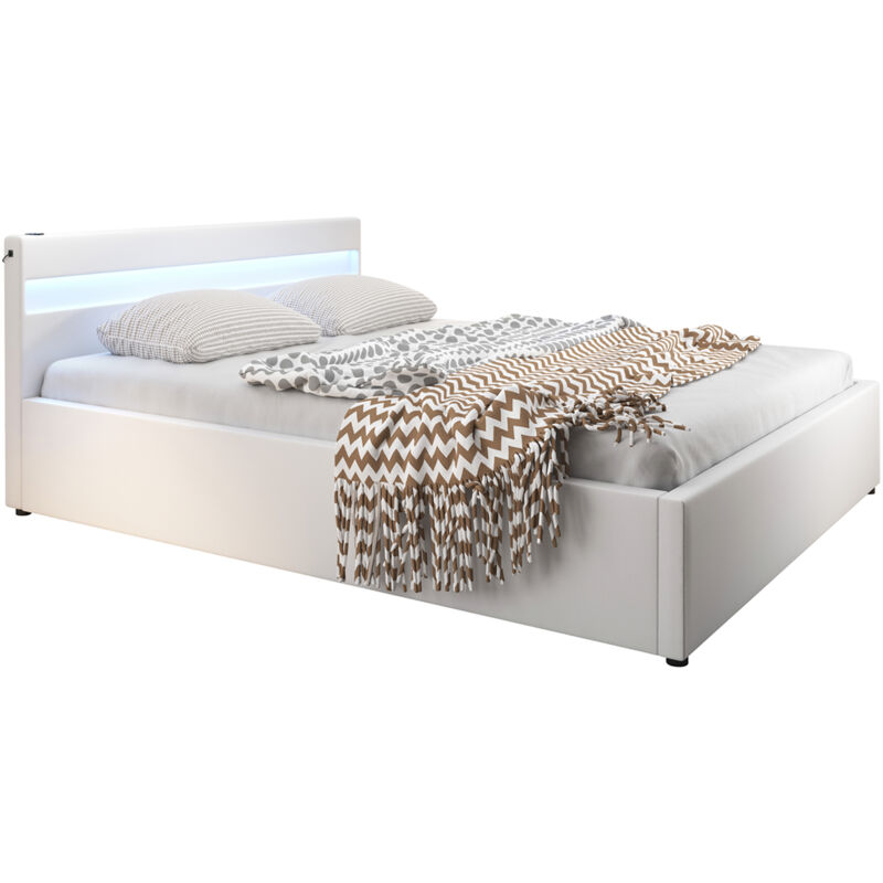 foto del prodotto letto contenitore con subwoofer letto con testiera e rete struttura letto led bianco ecopelle e llegno modello bahia per materasso 180x200