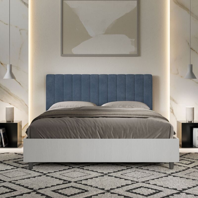 foto del prodotto letto contenitore da 160x190 in legno bianco e testata in microfibra blu kaia