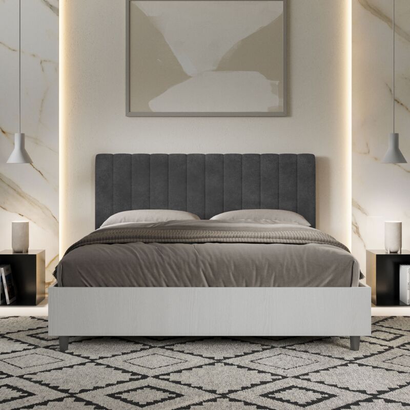 foto del prodotto letto contenitore da 160x190 in legno bianco e testata in microfibra grigio kaia