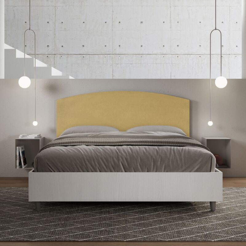 foto del prodotto letto contenitore da 160x190 in legno bianco e testata in microfibra ocra antilia