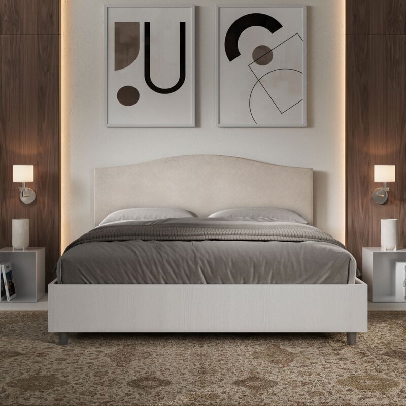 foto del prodotto letto contenitore da 160x190 in legno bianco e testata in microfibra sabbia grace