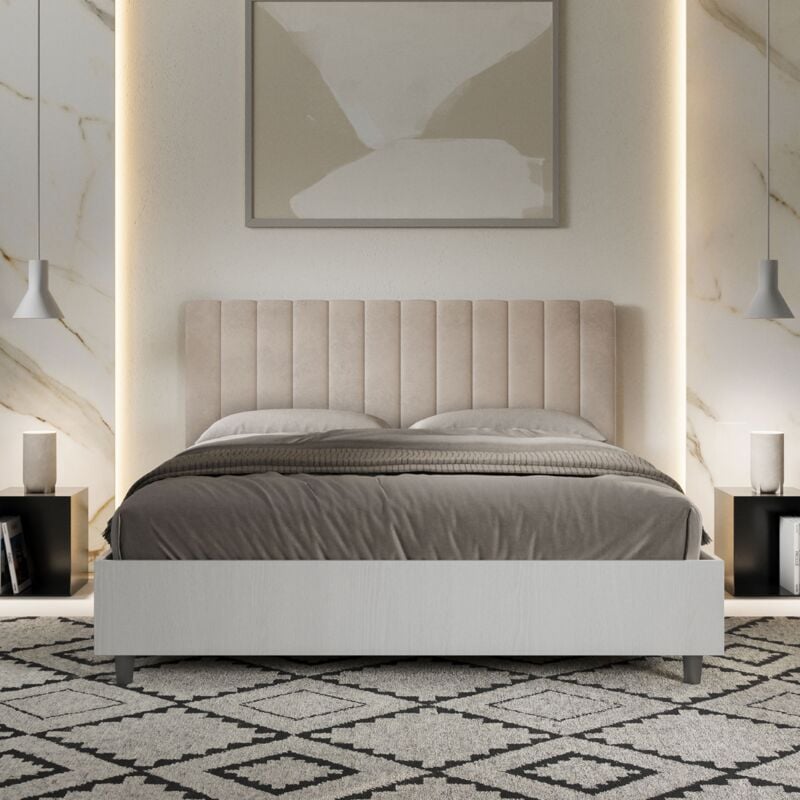 foto del prodotto letto contenitore da 160x190 in legno bianco e testata in microfibra sabbia kaia