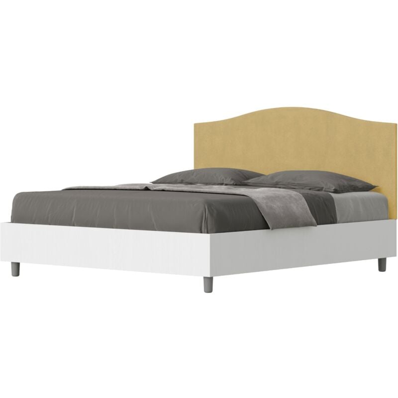 foto del prodotto letto contenitore da 160x200 in legno bianco e testata in microfibra ocra grace