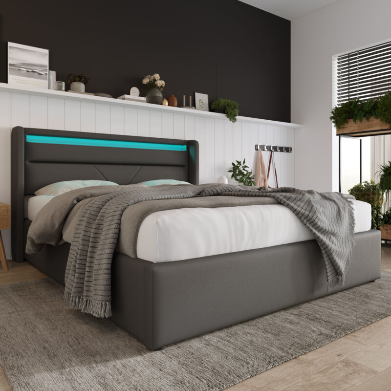 foto del prodotto letto contenitore idraulico con striscia luminosa a led, giroletto matrimoniale imbottito 140x200 cm, letto funzionale, grigio con telecomando 