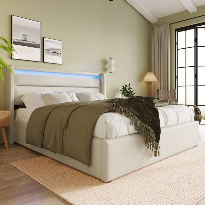 foto del prodotto letto contenitore idraulico con striscia luminosa a led, giroletto matrimoniale imbottito 160x200 cm, letto funzionale, bianco con telecomando 