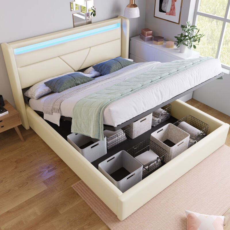 foto del prodotto letto contenitore idraulico con striscia luminosa a led, giroletto matrimoniale, letto imbottito 140x200 cm, letto funzionale, bianco con