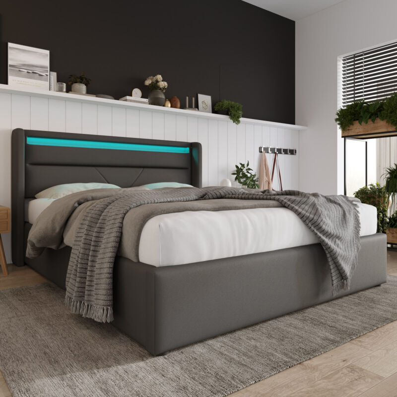 foto del prodotto letto contenitore idraulico con striscia luminosa a led, giroletto matrimoniale, letto imbottito 140x200 cm, letto funzionale, grigio con