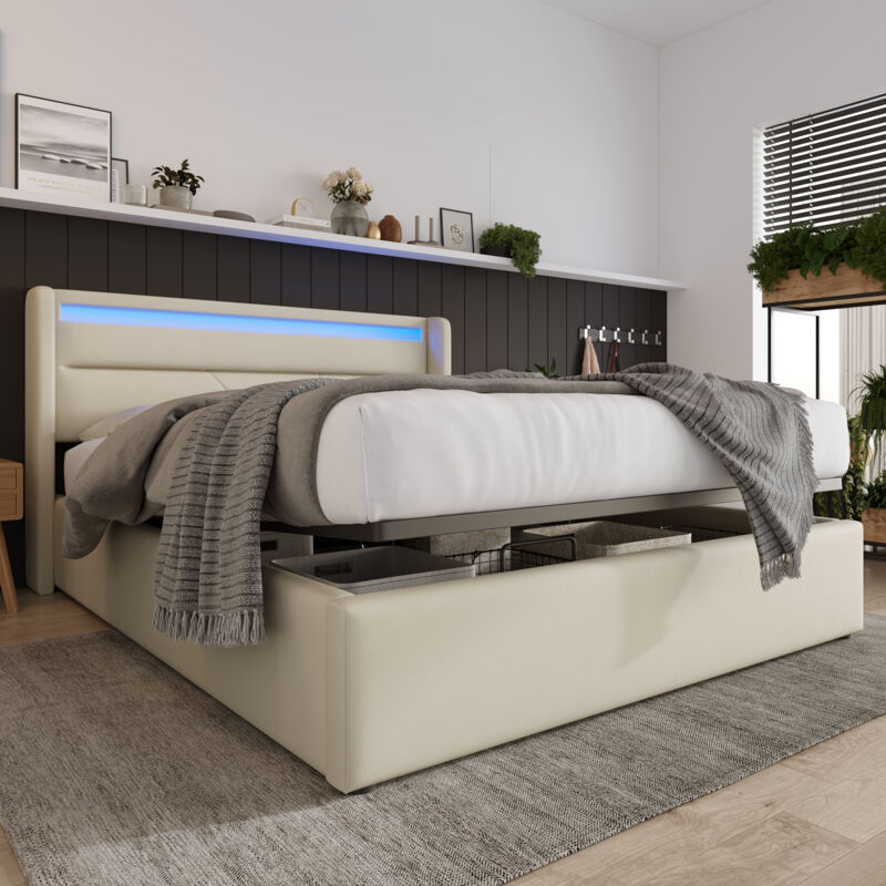 foto del prodotto letto contenitore idraulico imbottito, con led colorati, pu, portata 300 kg 140x200 cm, bianco, senza materasso