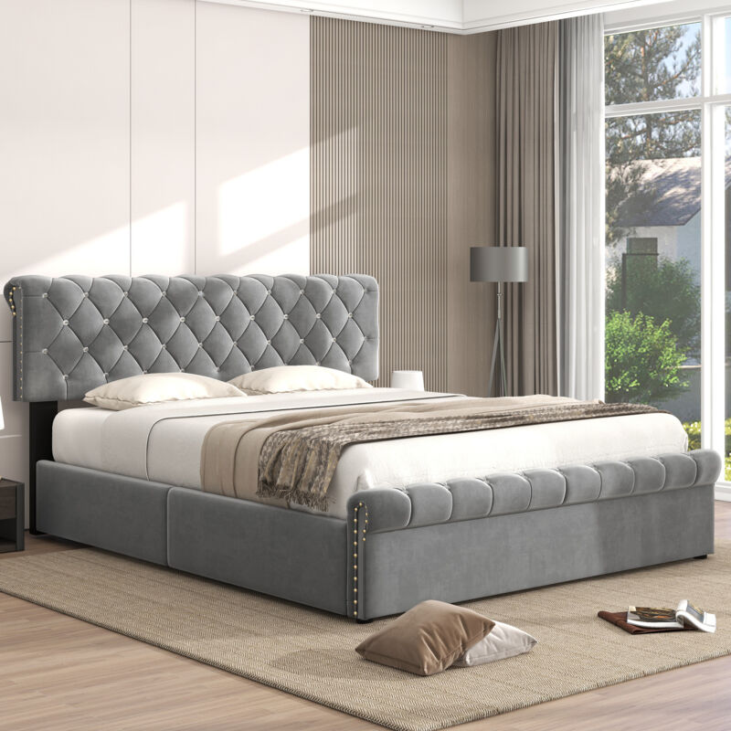 foto del prodotto letto contenitore imbottito 140 x 200 cm con testiera regolabile in altezza in tessuto velvet. grigio