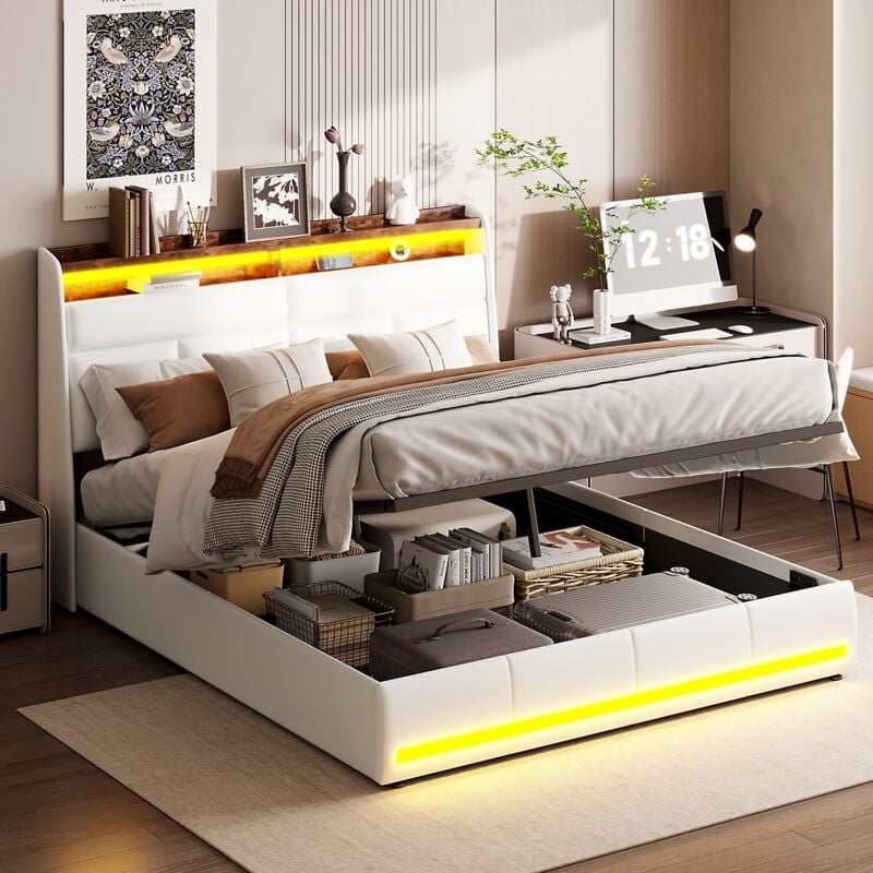 foto del prodotto letto contenitore imbottito 140x200 cm, giroletto, testiera imbottita con illuminazione led e porta di ricarica usb, rete a doghe, letto idraulico,