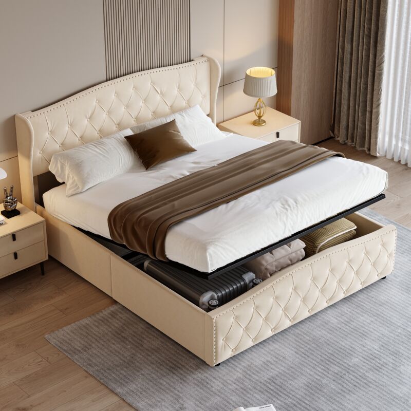 foto del prodotto letto contenitore imbottito 140x200 cm, tessuto, testiera decorativa a rombi e barre idrauliche, rete a doghe, contenitore, giroletto, letto