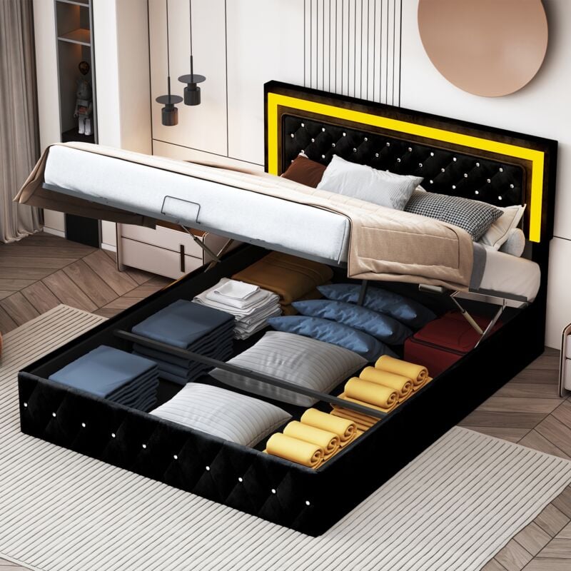 foto del prodotto letto contenitore imbottito 140x200 cm, testiera con illuminazione led e aste idrauliche, letto idraulico, rete a doghe, base in metallo, letto