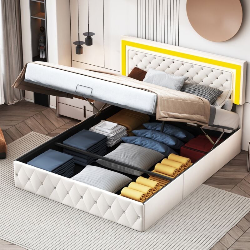 foto del prodotto letto contenitore imbottito 140x200 cm, testiera illuminata a led con decoro a rombi, contenitore, rete a doghe, base in metallo, letto matrimoniale