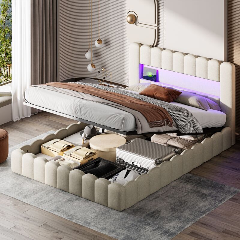 foto del prodotto letto contenitore imbottito 140x200cm biancheria, porte di ricarica usb e type c, illuminazione led della testiera, rete a doghe, contenitore