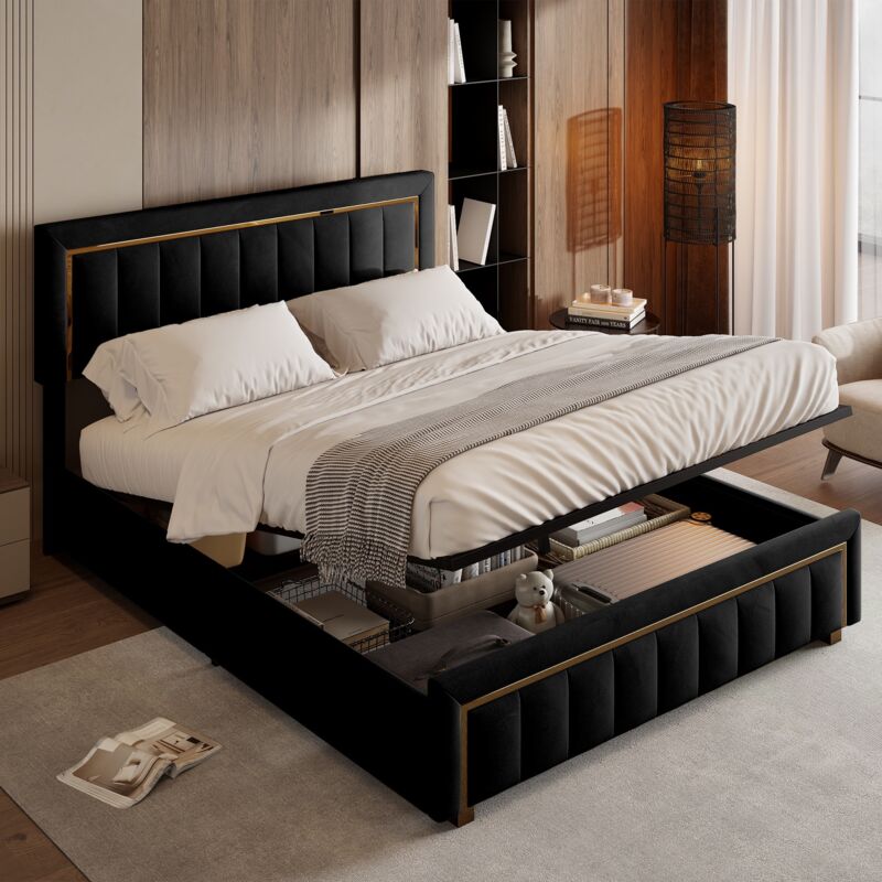 foto del prodotto letto contenitore imbottito 140x200cm, con testiera con trama verticale, contenitore, rete a doghe, tessuto di lino, design moderno, nero