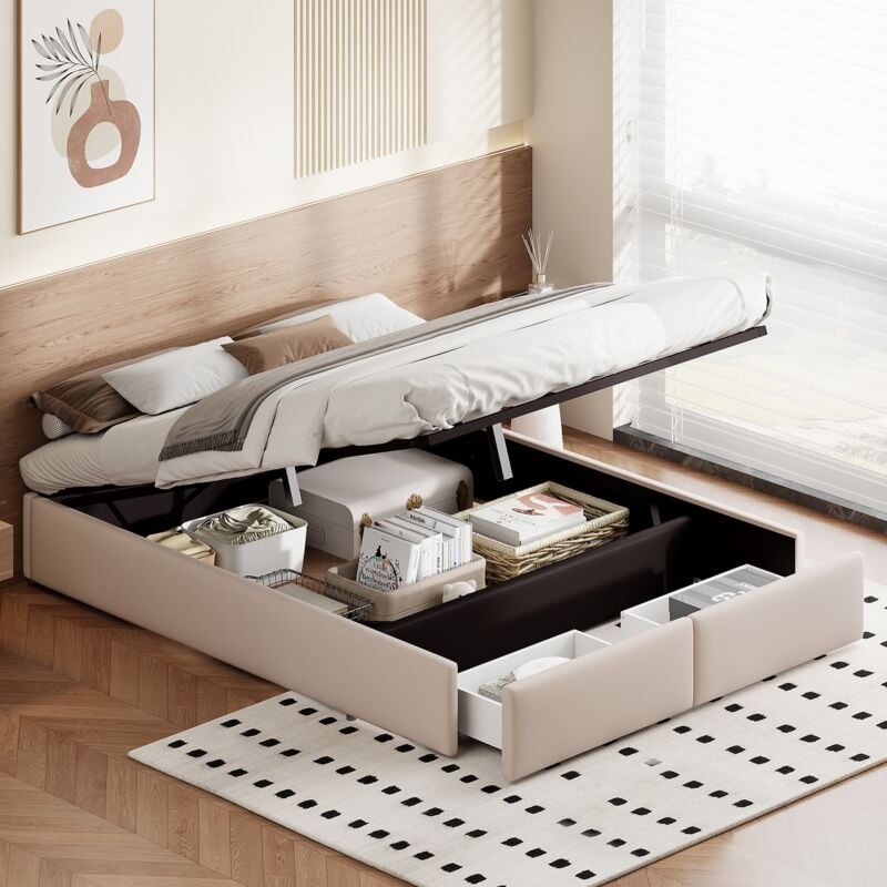 foto del prodotto letto contenitore imbottito 140x200cm, letto matrimoniale con 2 cassetti, rete a doghe, senza testiera, tessuto lino, design moderno, beige