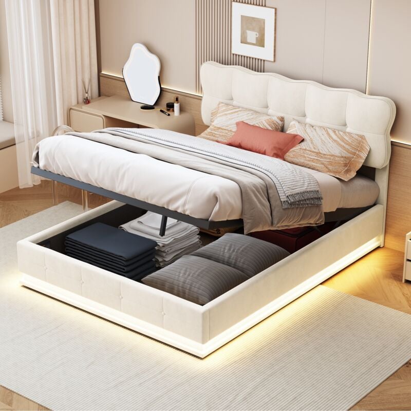 foto del prodotto letto contenitore imbottito 140x200cm, letto matrimoniale con rete a doghe, testiera illuminata a led, velluto, contenitore, beige