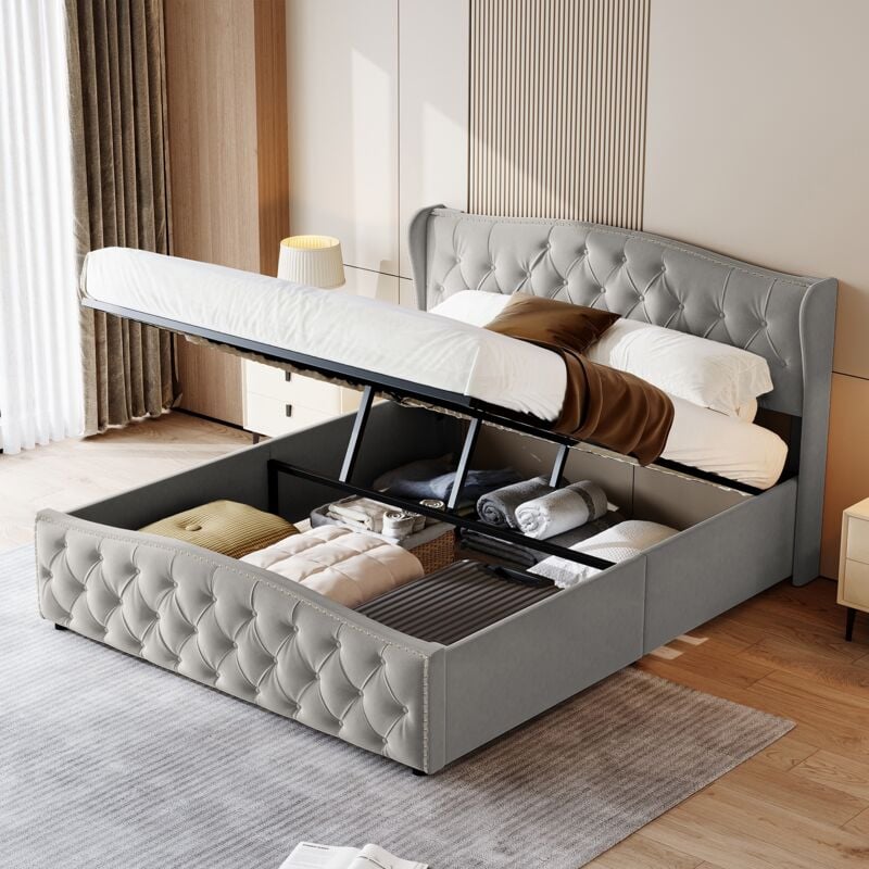 foto del prodotto letto contenitore imbottito 140x200cm, letto matrimoniale con testiera imbottita con decoro a rombi, rete a doghe, contenitore, giroletto, letto per