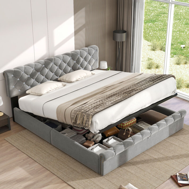 foto del prodotto letto contenitore imbottito 160 x 200 cm con testiera regolabile in altezza in tessuto velvet. grigio