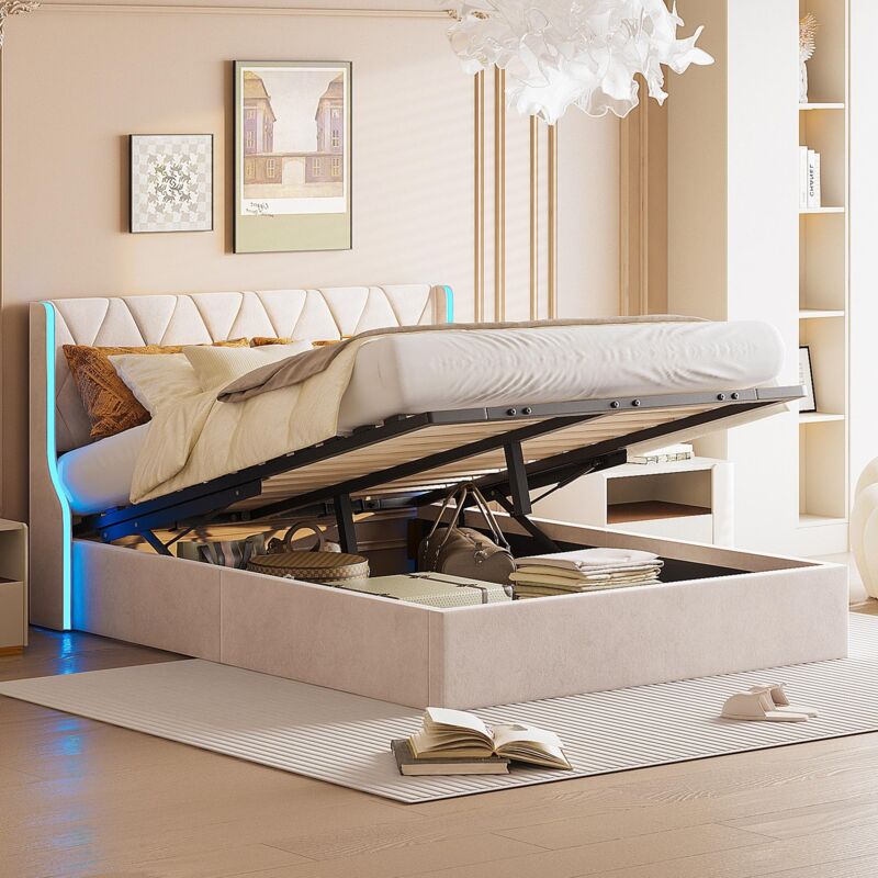 foto del prodotto letto contenitore imbottito 160x200 cm testiera decorativa diamante e barre idrauliche, rete e rete a doghe in metallo, letto matrimoniale stile