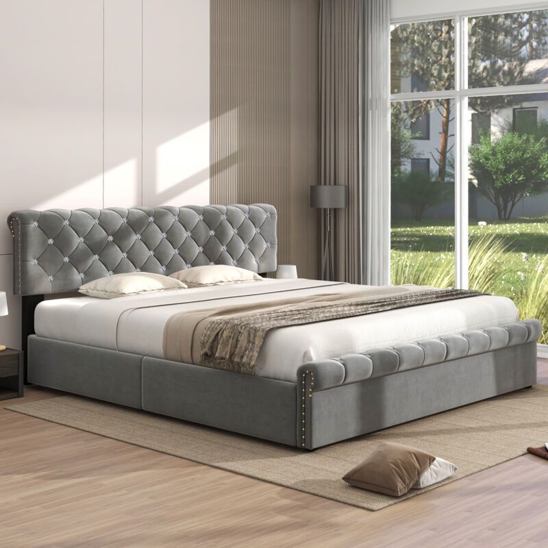 foto del prodotto letto contenitore imbottito 180 x 200 cm con testiera regolabile in altezza in tessuto velvet. grigio