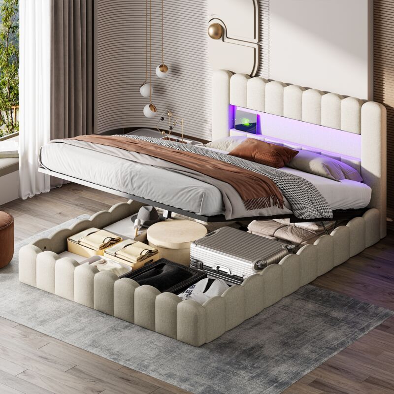 foto del prodotto letto contenitore imbottito 180x200cm - biancheria, porte di ricarica usb e type-c, illuminazione led della testiera, rete a doghe, contenitore