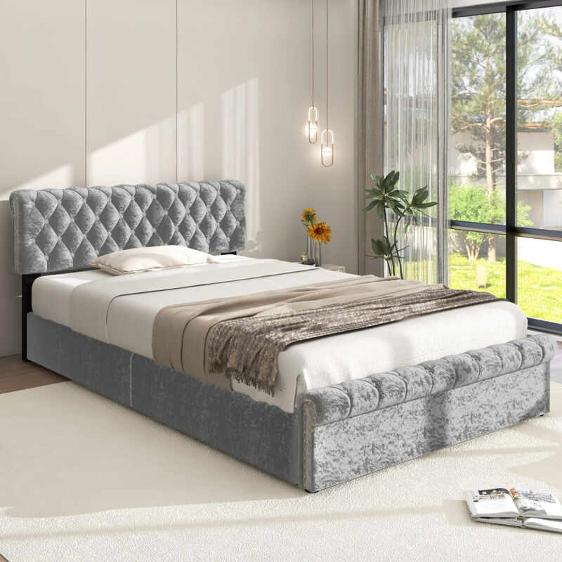 foto del prodotto letto contenitore imbottito 90 x 200 cm con testiera regolabile in altezza in tessuto velvet. grigio
