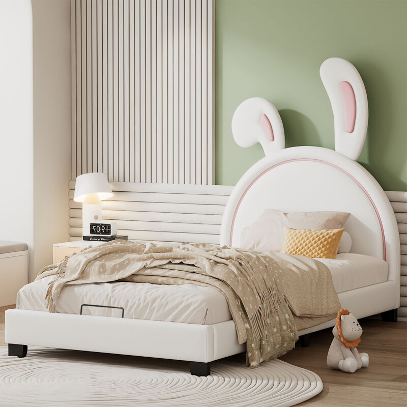 foto del prodotto letto contenitore imbottito 90x200cm, letto per bambini con rete a doghe e schienale, letto per bambina a forma di orecchie di coniglio, bianco